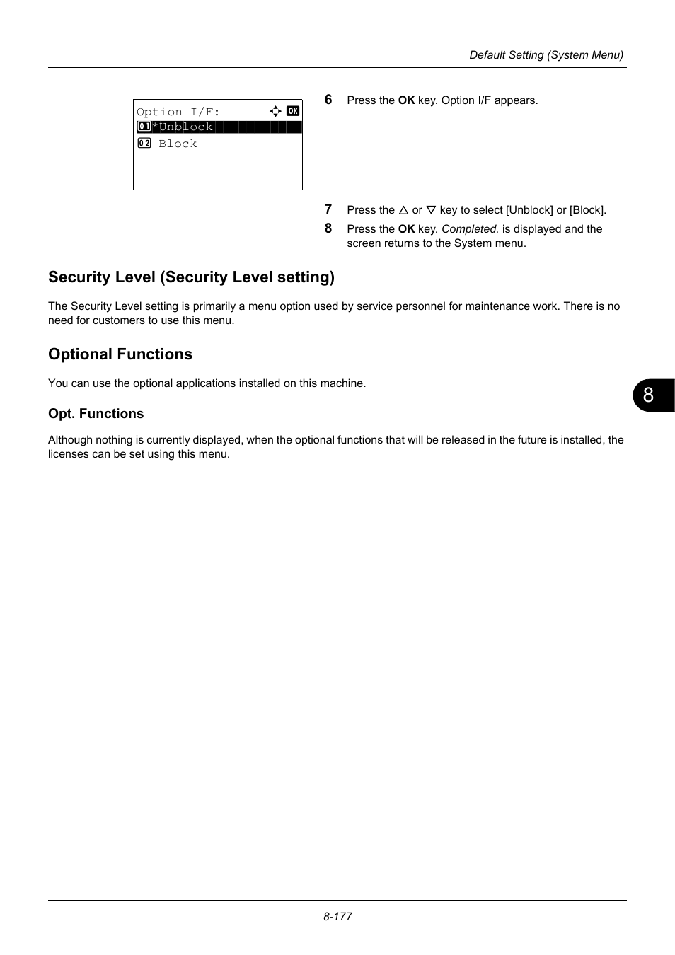 Security level (security level setting), Optional functions, Opt. functions | Security level (security level setting) -177, Optional functions -177 | TA Triumph-Adler P-3020 MFP User Manual | Page 383 / 481