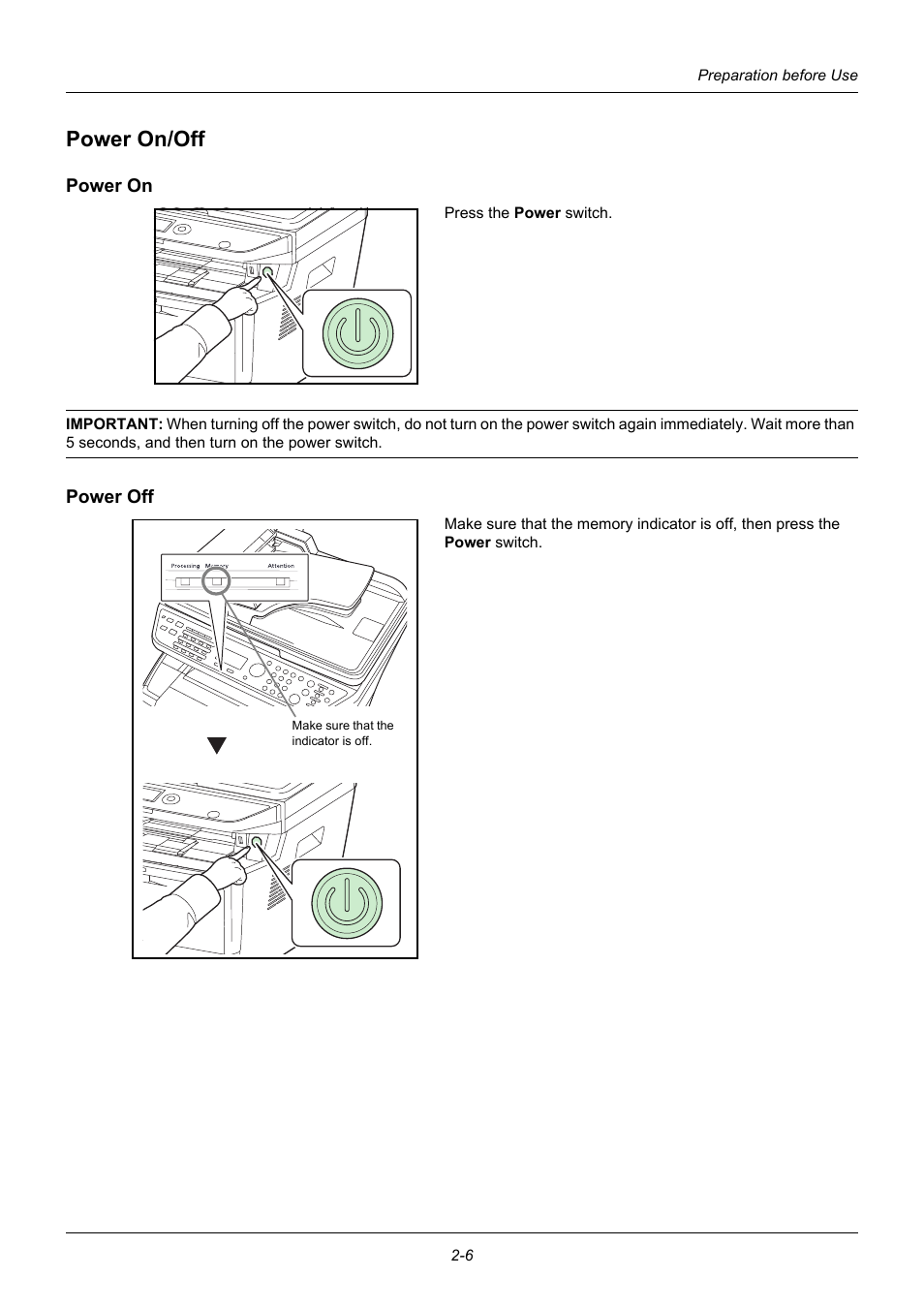 Power on/off, Power on, Power off | Power on/off -6 | TA Triumph-Adler P-3020 MFP User Manual | Page 40 / 481