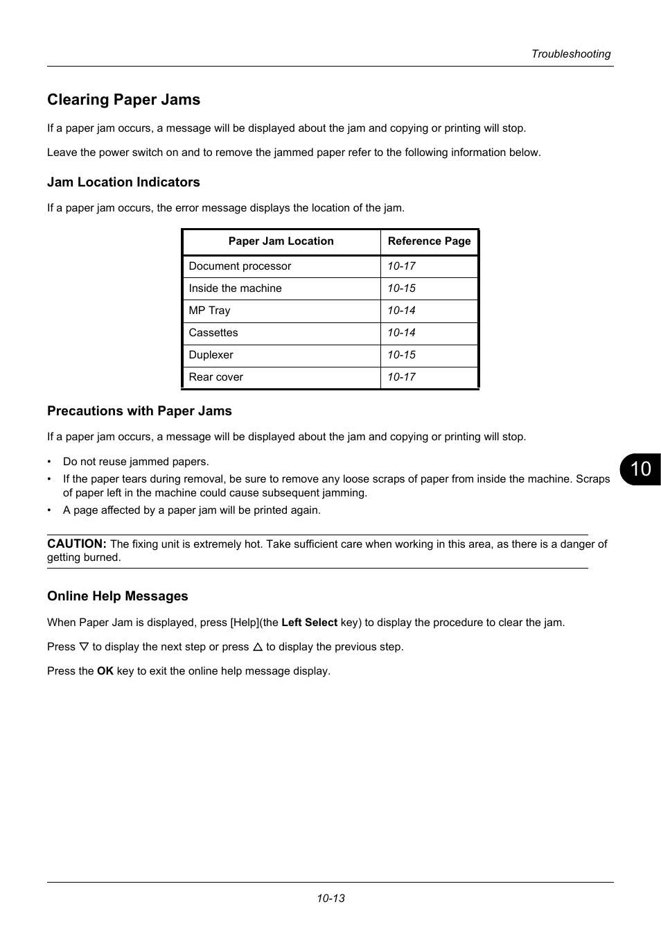 Clearing paper jams, Jam location indicators, Precautions with paper jams | Online help messages, Clearing paper jams -13 | TA Triumph-Adler P-3020 MFP User Manual | Page 403 / 481
