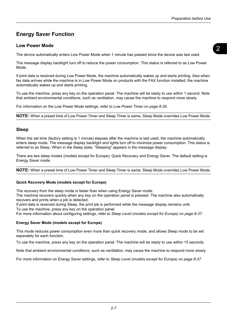 Energy saver function, Low power mode, Sleep | Energy saver function -7 | TA Triumph-Adler P-3020 MFP User Manual | Page 41 / 481