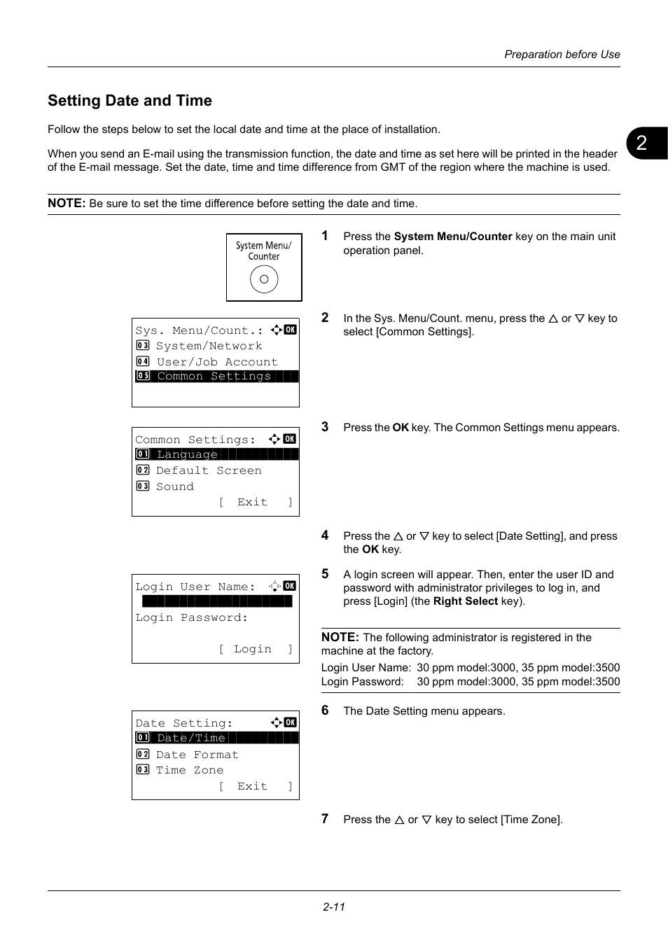 Setting date and time, Setting date and time -11 | TA Triumph-Adler P-3020 MFP User Manual | Page 45 / 481