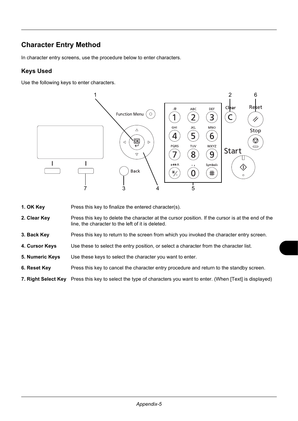 Character entry method, Keys used, Refer to character entry method on appendix-5 | Character entry method on appendix-5 | TA Triumph-Adler P-3020 MFP User Manual | Page 451 / 481