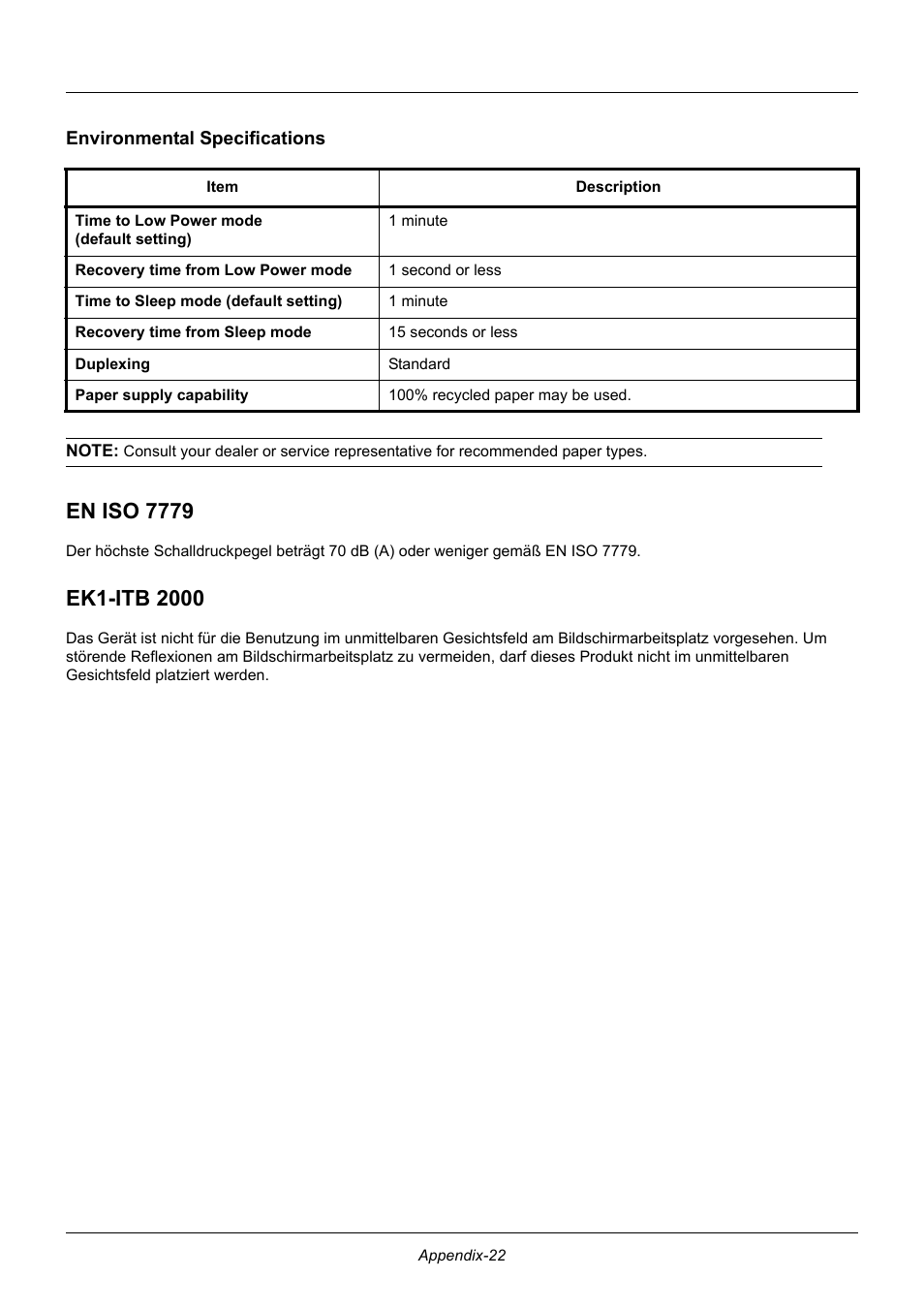 Environmental specifications, En iso 7779, Ek1-itb 2000 | TA Triumph-Adler P-3020 MFP User Manual | Page 468 / 481