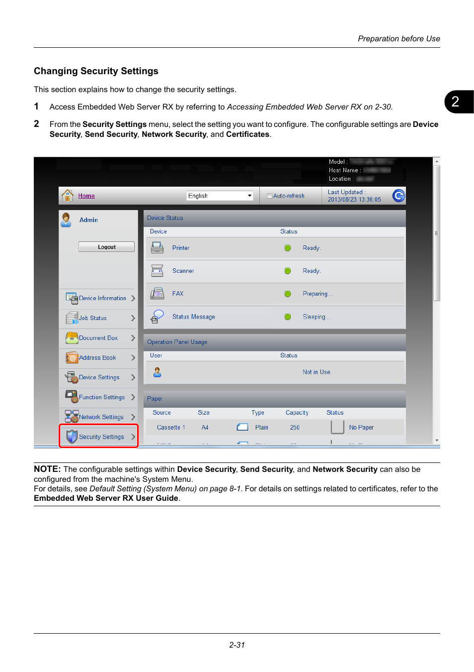 Changing security settings | TA Triumph-Adler P-3020 MFP User Manual | Page 65 / 481