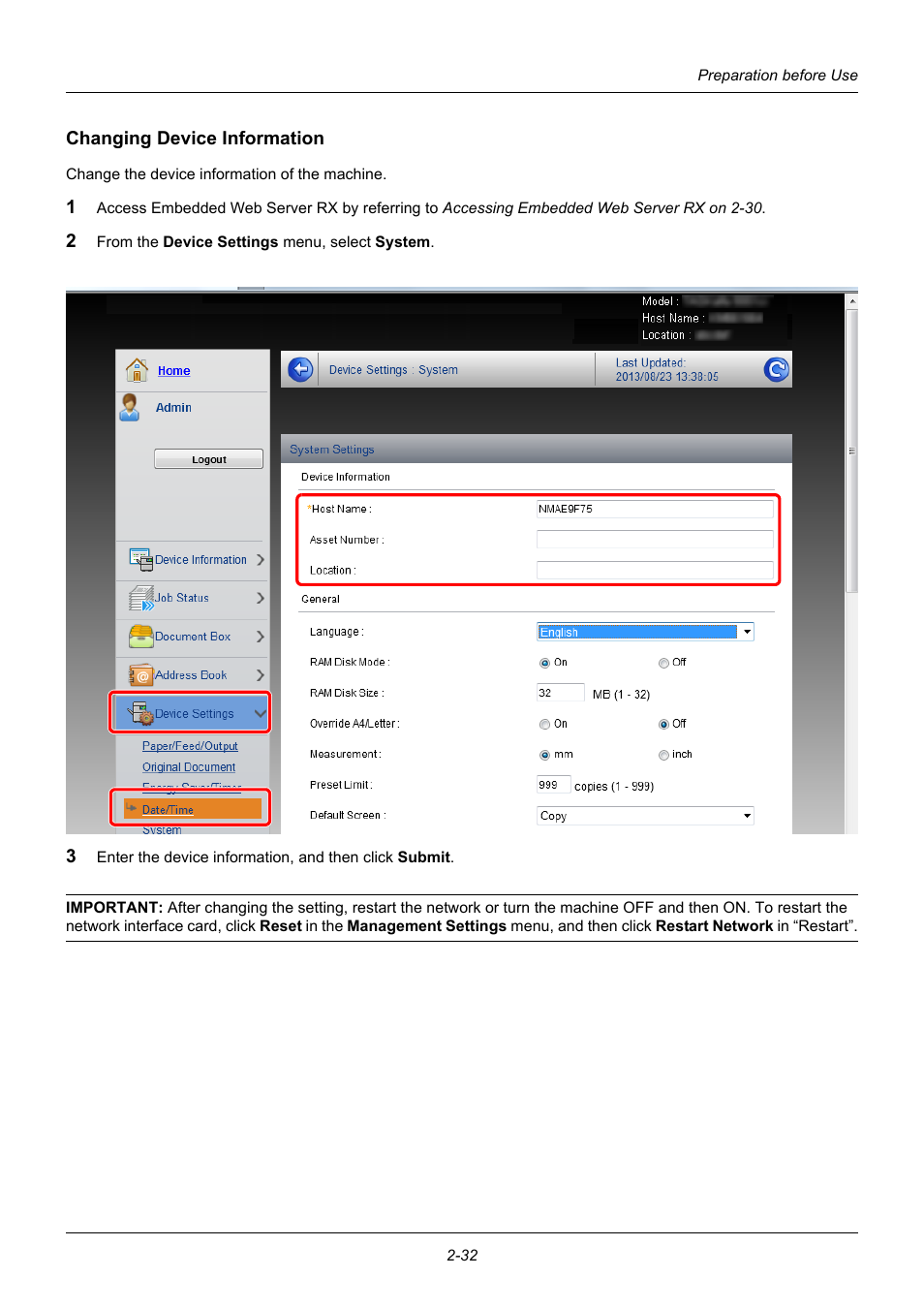 Changing device information | TA Triumph-Adler P-3020 MFP User Manual | Page 66 / 481