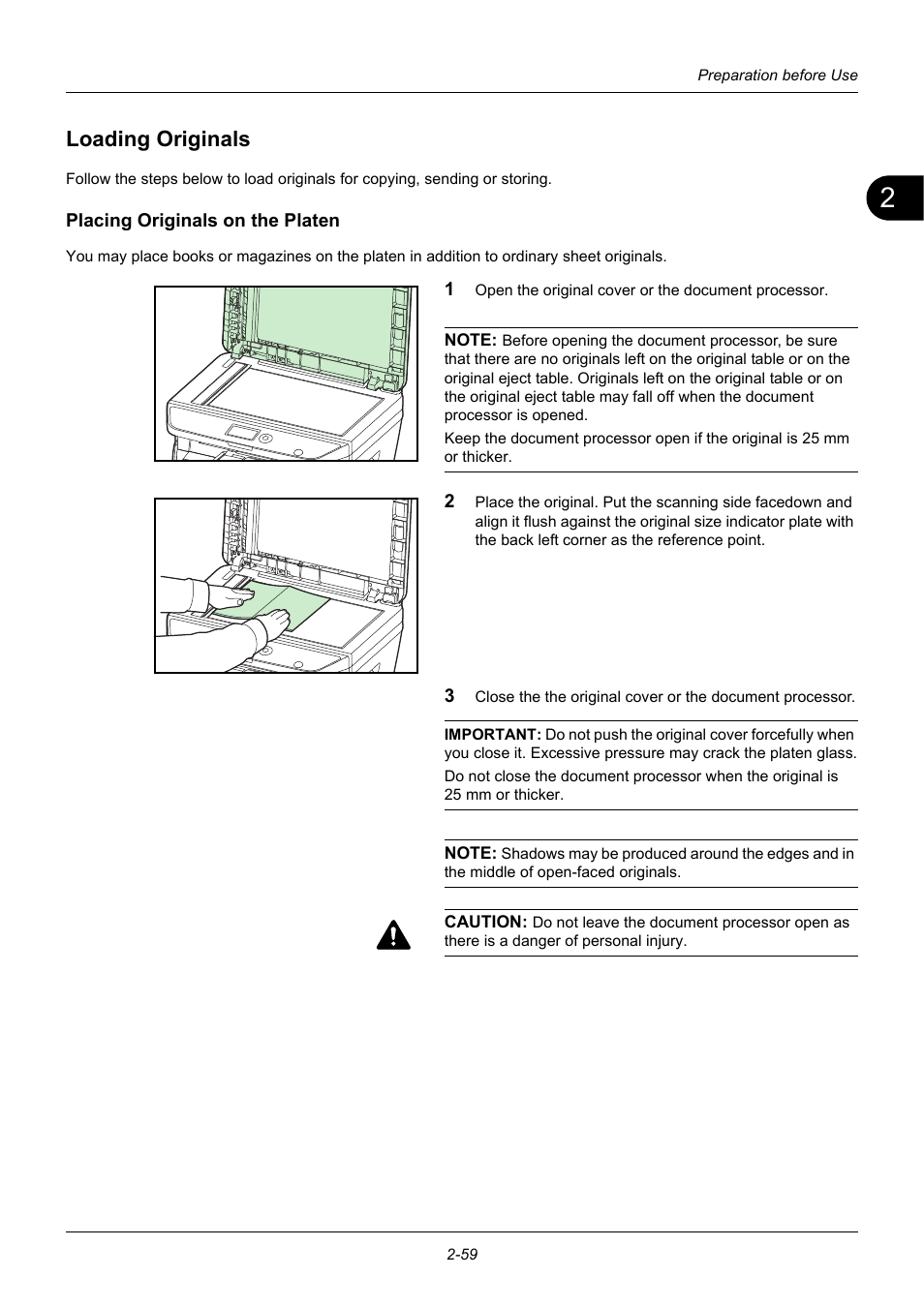 Loading originals, Placing originals on the platen, Loading originals -59 | Placing originals on, The platen | TA Triumph-Adler P-3020 MFP User Manual | Page 93 / 481
