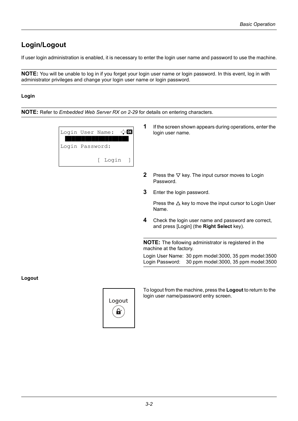 Login/logout, Login/logout -2 | TA Triumph-Adler P-3020 MFP User Manual | Page 98 / 481