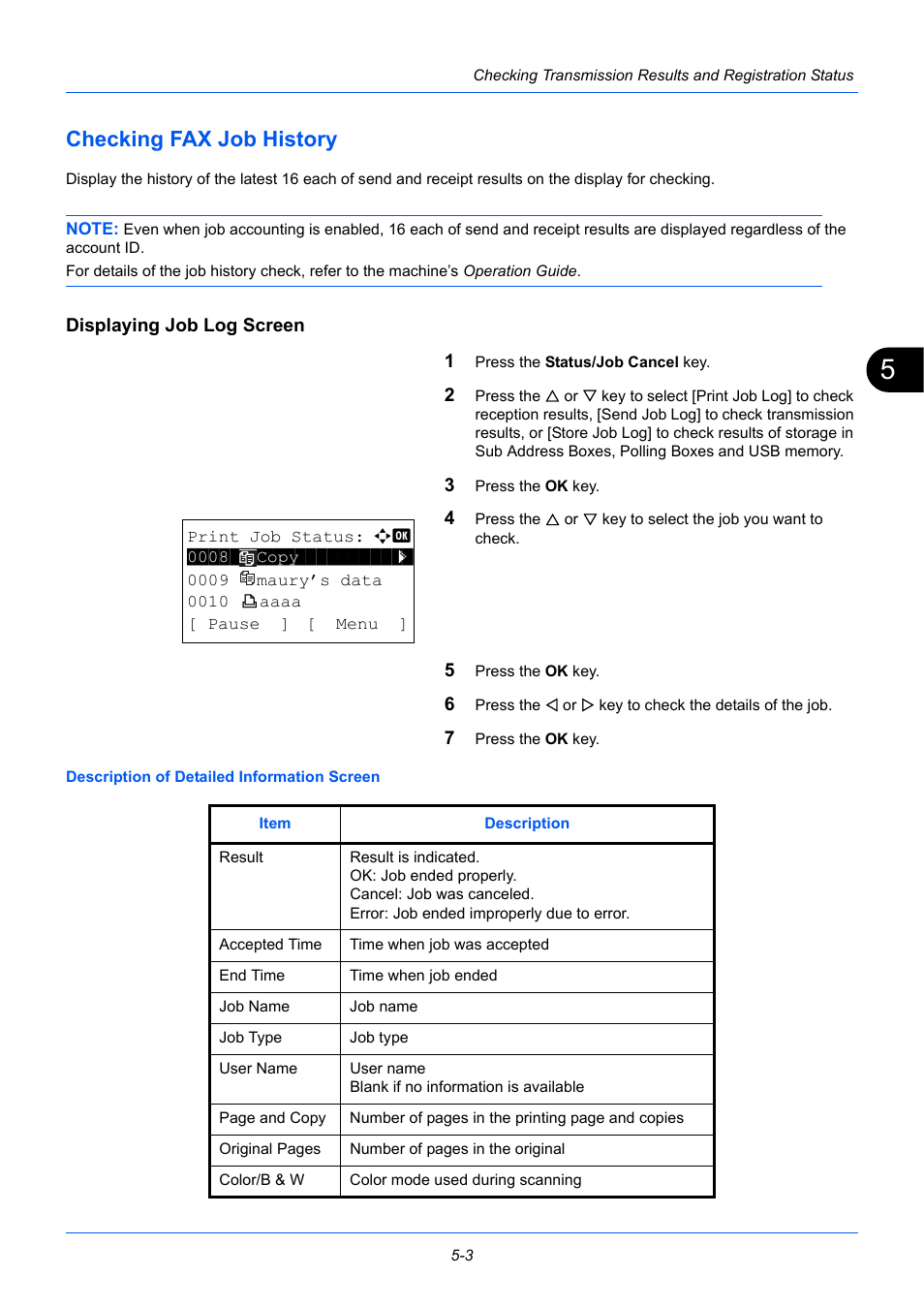 Checking fax job history, Displaying job log screen, Checking fax job history -3 | TA Triumph-Adler P-3525 MFP User Manual | Page 103 / 185