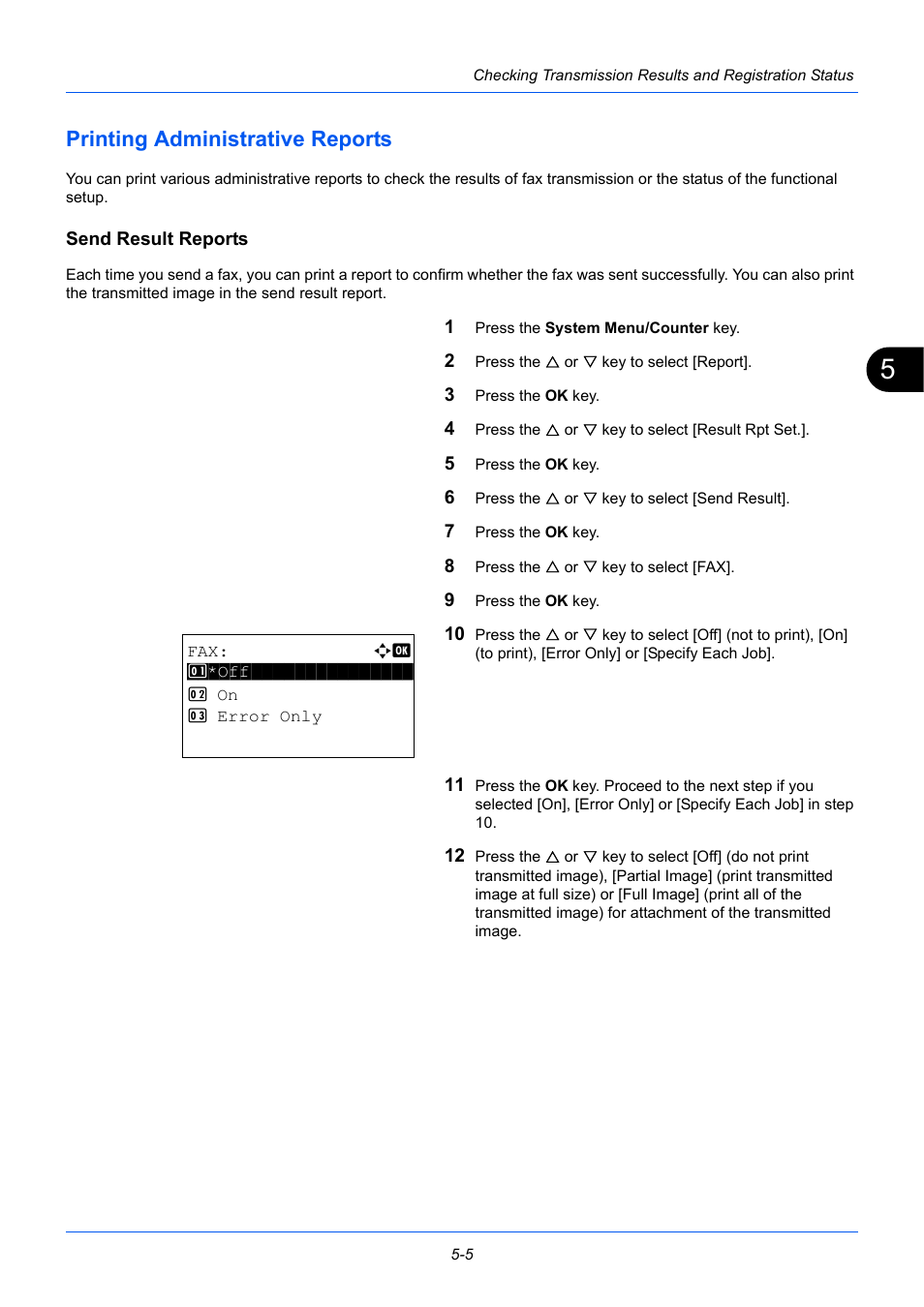 Printing administrative reports, Send result reports, Printing administrative reports -5 | TA Triumph-Adler P-3525 MFP User Manual | Page 105 / 185