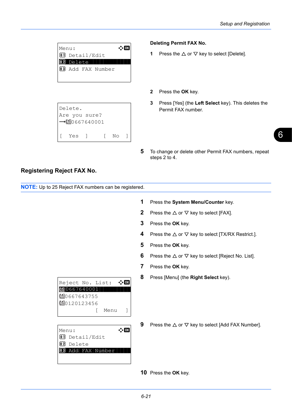 Registering reject fax no | TA Triumph-Adler P-3525 MFP User Manual | Page 133 / 185