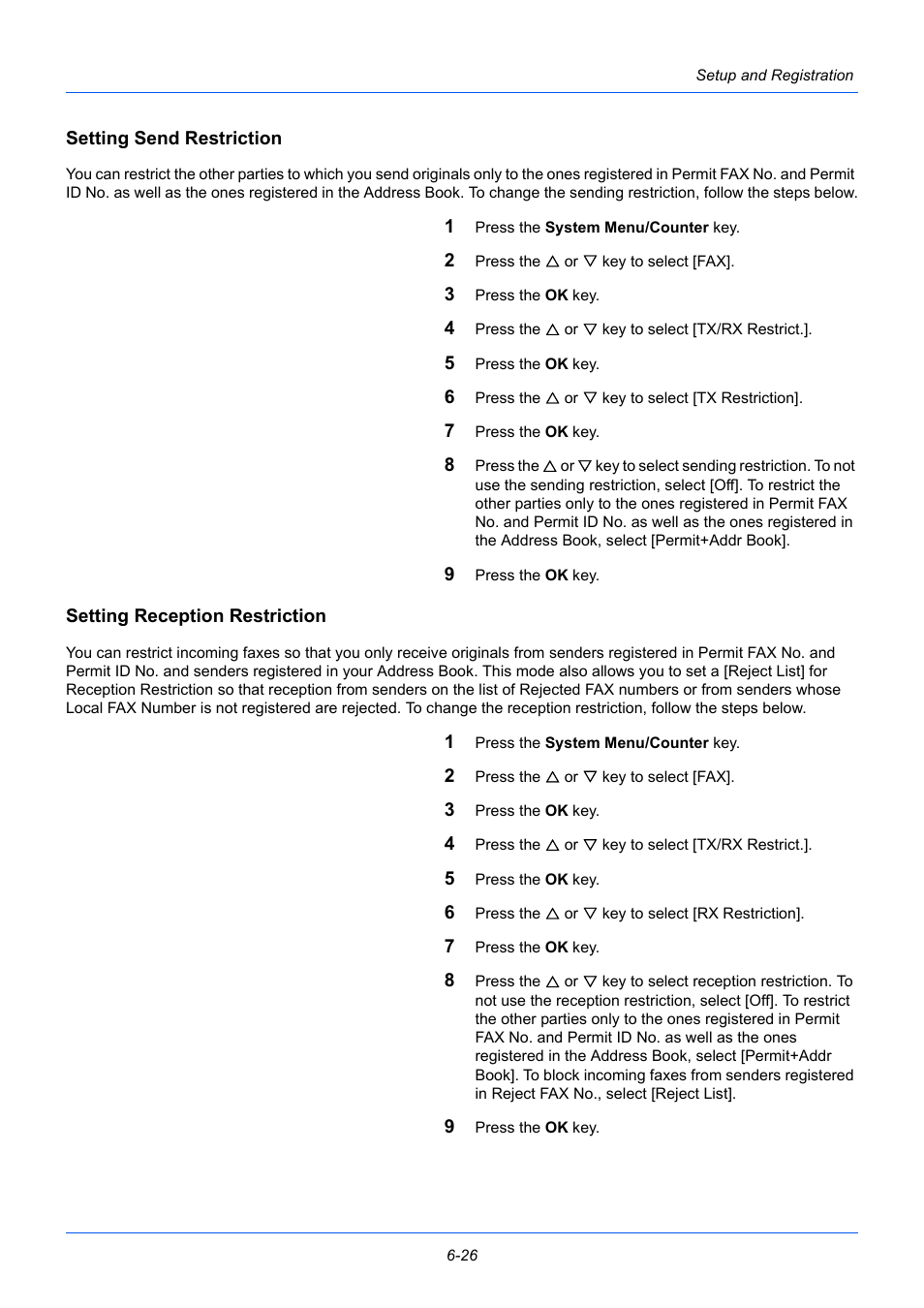 Setting send restriction, Setting reception restriction | TA Triumph-Adler P-3525 MFP User Manual | Page 138 / 185