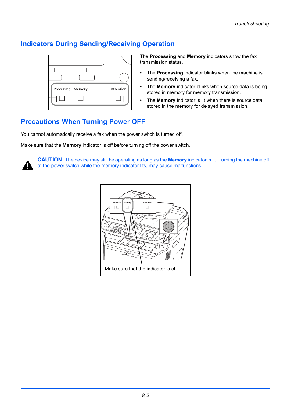 Indicators during sending/receiving operation, Precautions when turning power off, Indicators during sending/receiving operation -2 | Precautions when turning power off -2 | TA Triumph-Adler P-3525 MFP User Manual | Page 160 / 185