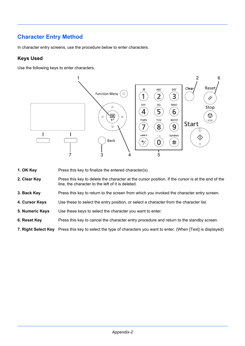 Character entry method, Keys used | TA Triumph-Adler P-3525 MFP User Manual | Page 166 / 185