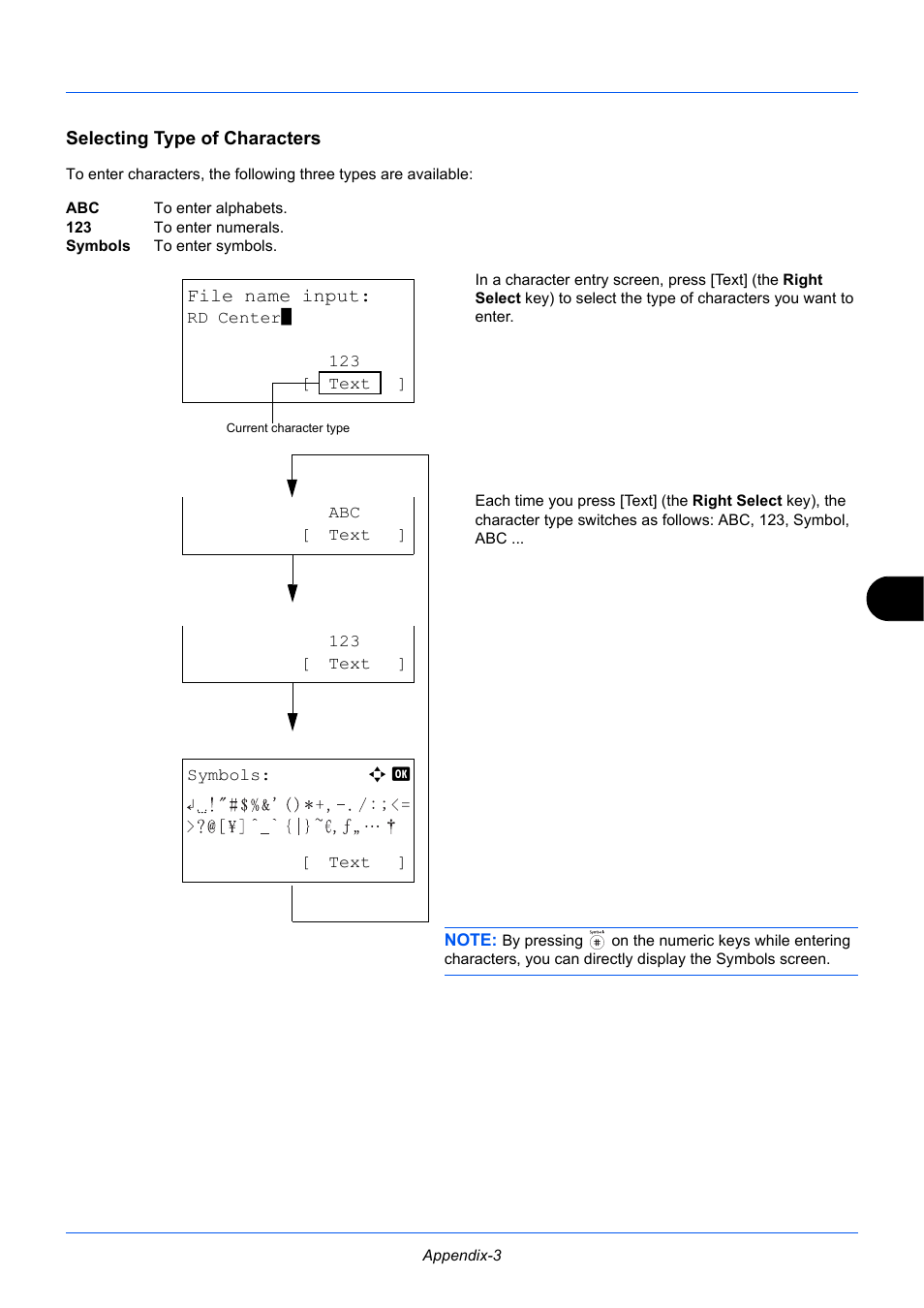 Selecting type of characters | TA Triumph-Adler P-3525 MFP User Manual | Page 167 / 185