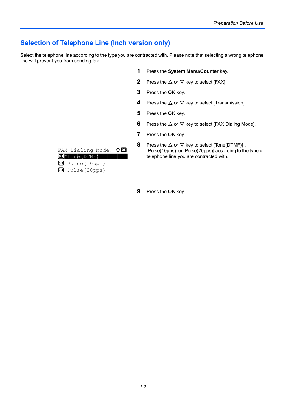 Selection of telephone line (inch version only), Selection of telephone line (inch version only) -2 | TA Triumph-Adler P-3525 MFP User Manual | Page 22 / 185