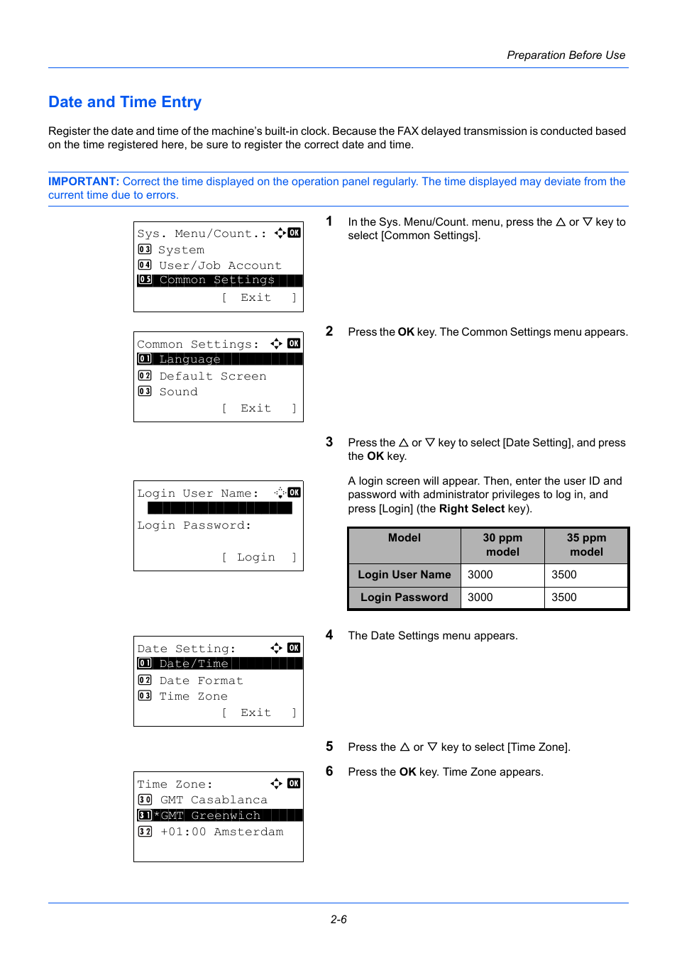 Date and time entry, Date and time entry -6 | TA Triumph-Adler P-3525 MFP User Manual | Page 26 / 185