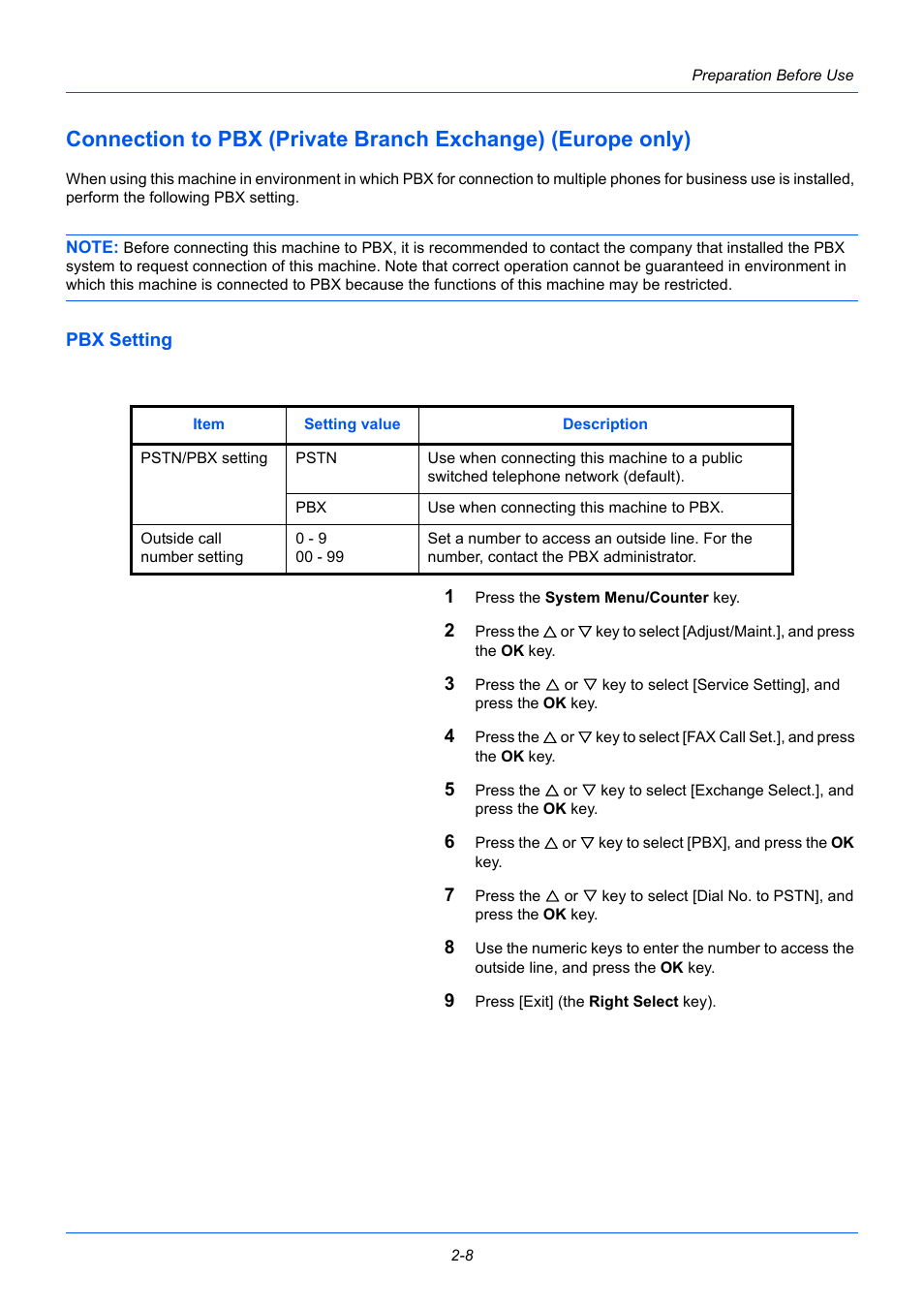 Pbx setting | TA Triumph-Adler P-3525 MFP User Manual | Page 28 / 185