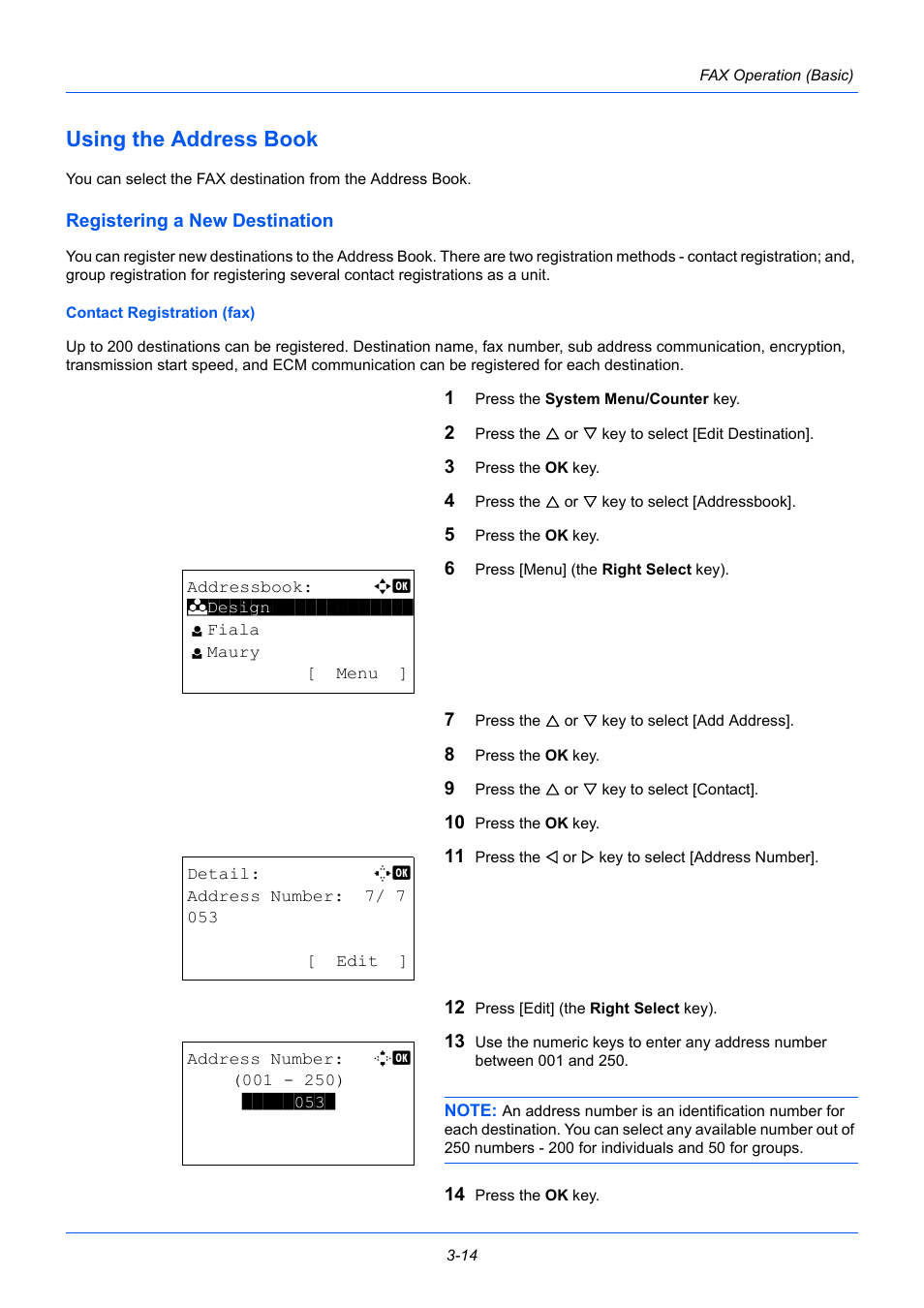 Using the address book, Registering a new destination, Using the address book -14 | TA Triumph-Adler P-3525 MFP User Manual | Page 42 / 185