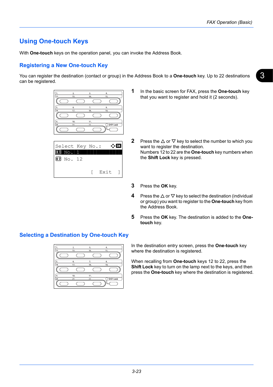 Using one-touch keys, Registering a new one-touch key, Selecting a destination by one-touch key | Using one-touch keys -23 | TA Triumph-Adler P-3525 MFP User Manual | Page 51 / 185