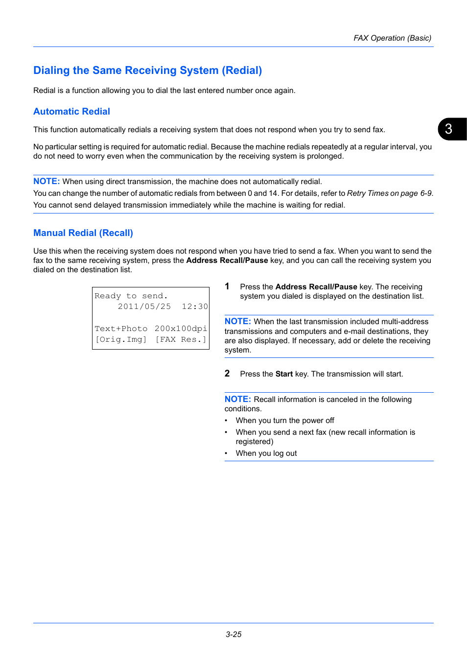 Dialing the same receiving system (redial), Automatic redial, Manual redial (recall) | Dialing the same receiving system (redial) -25 | TA Triumph-Adler P-3525 MFP User Manual | Page 53 / 185