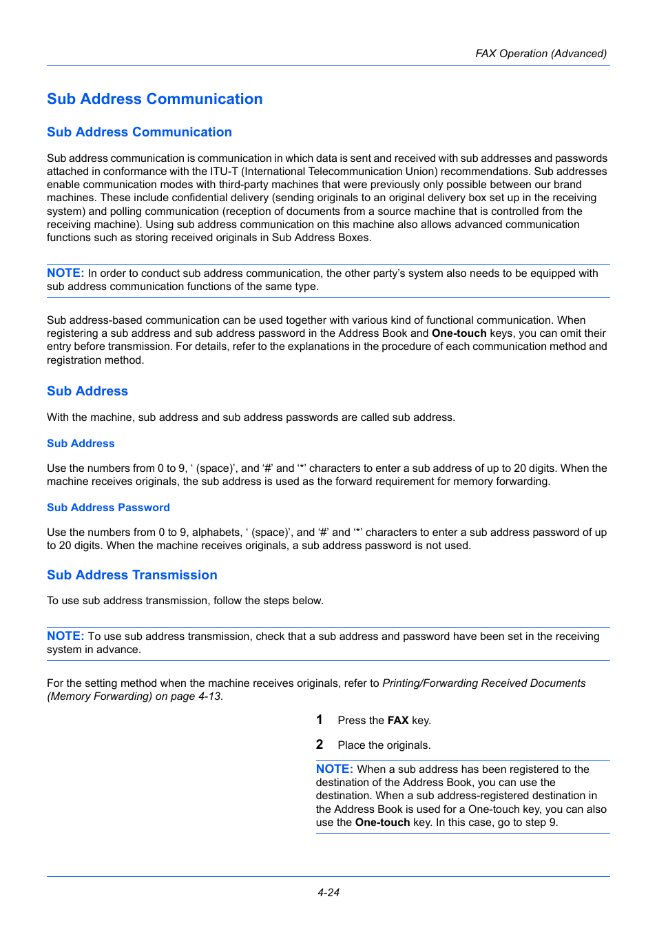 Sub address communication, Sub address, Sub address transmission | Sub address communication -24 | TA Triumph-Adler P-3525 MFP User Manual | Page 78 / 185