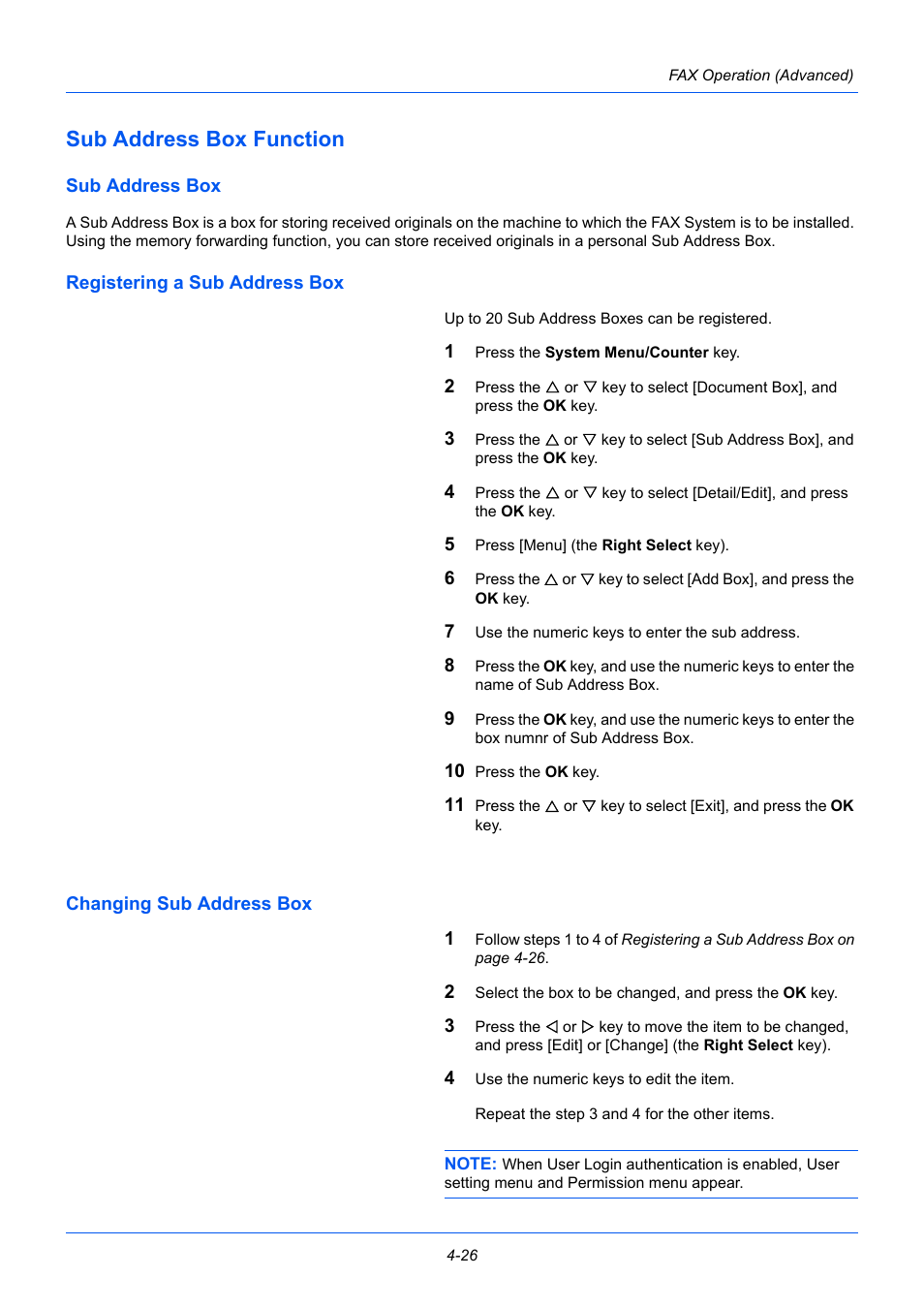 Sub address box function, Sub address box, Registering a sub address box | Changing sub address box, Sub address box function -26 | TA Triumph-Adler P-3525 MFP User Manual | Page 80 / 185