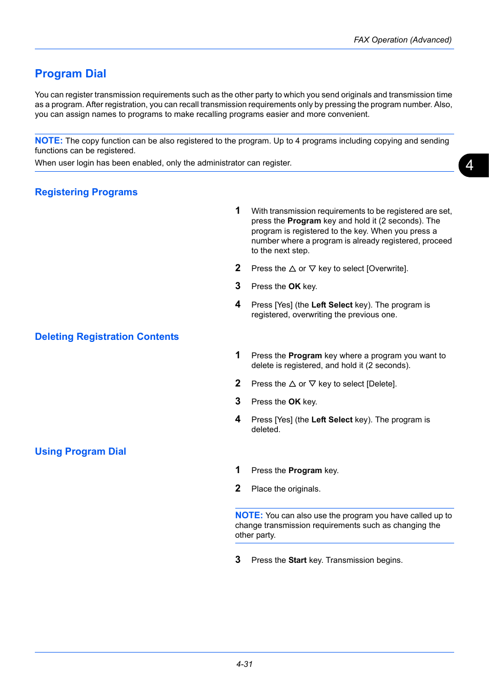 Program dial, Registering programs, Deleting registration contents | Using program dial, Program dial -31 | TA Triumph-Adler P-3525 MFP User Manual | Page 85 / 185