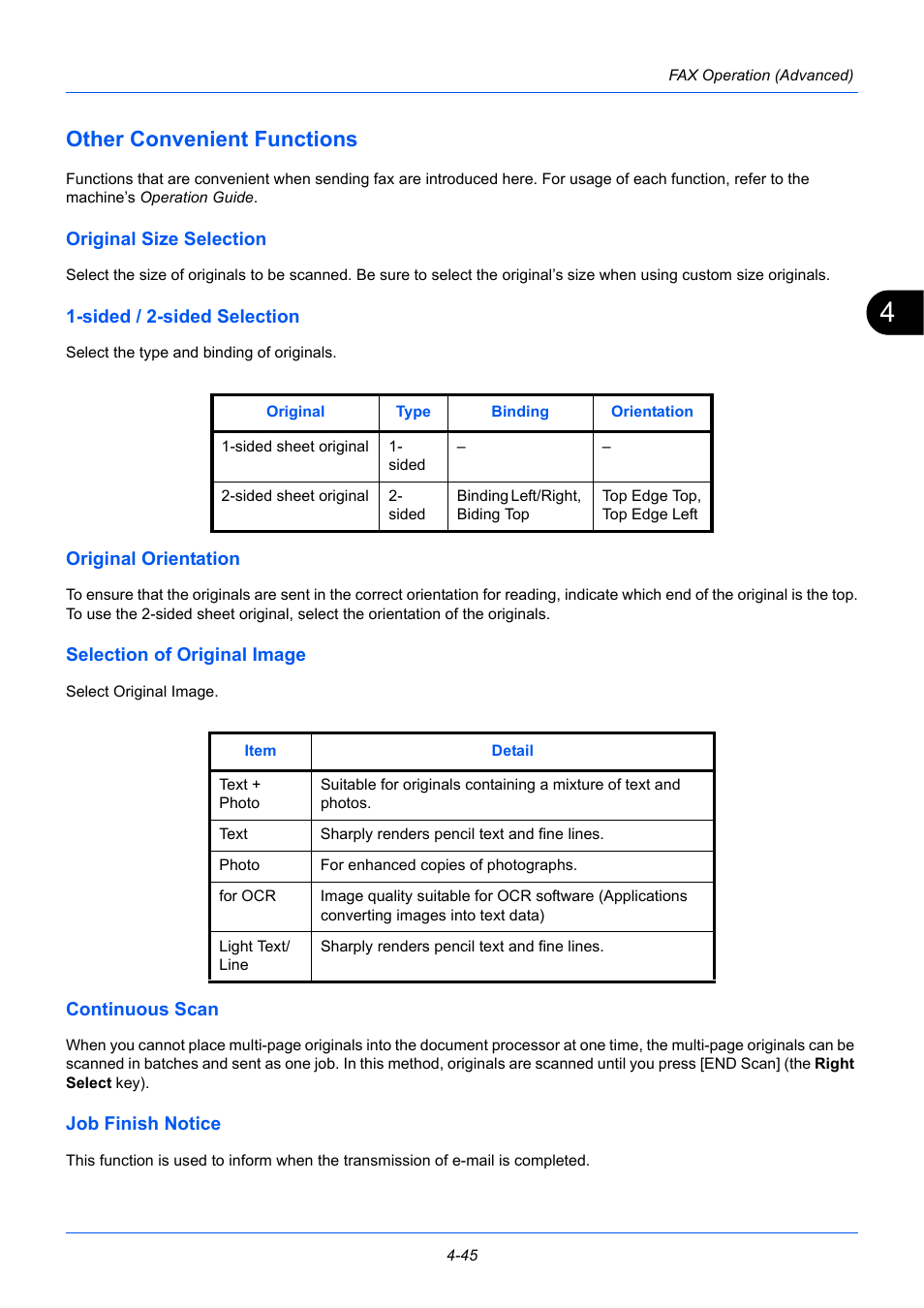 Other convenient functions, Original size selection, Sided / 2-sided selection | Original orientation, Selection of original image, Continuous scan, Job finish notice, Other convenient functions -45 | TA Triumph-Adler P-3525 MFP User Manual | Page 99 / 185