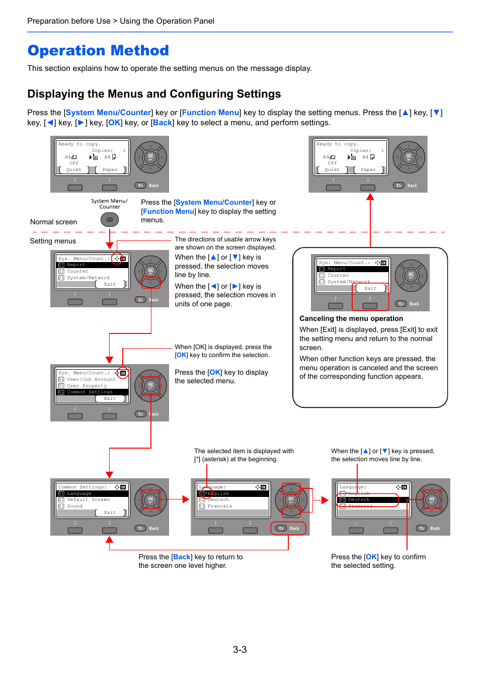 Operation method, Operation method -3, Displaying the menus and configuring settings | TA Triumph-Adler P-4030 MFP User Manual | Page 101 / 397