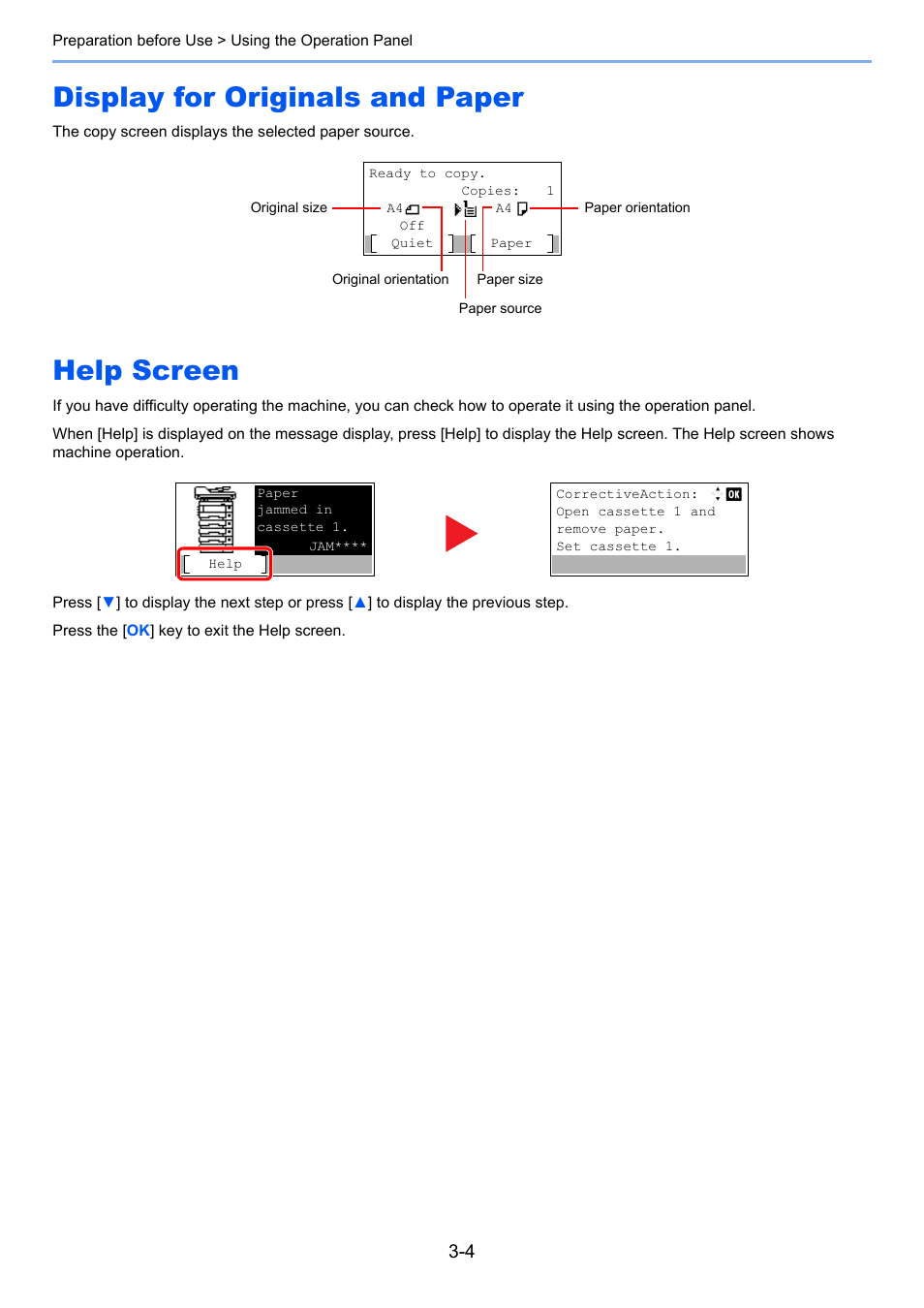 Display for originals and paper, Help screen, Display for originals and paper -4 help screen -4 | TA Triumph-Adler P-4030 MFP User Manual | Page 102 / 397