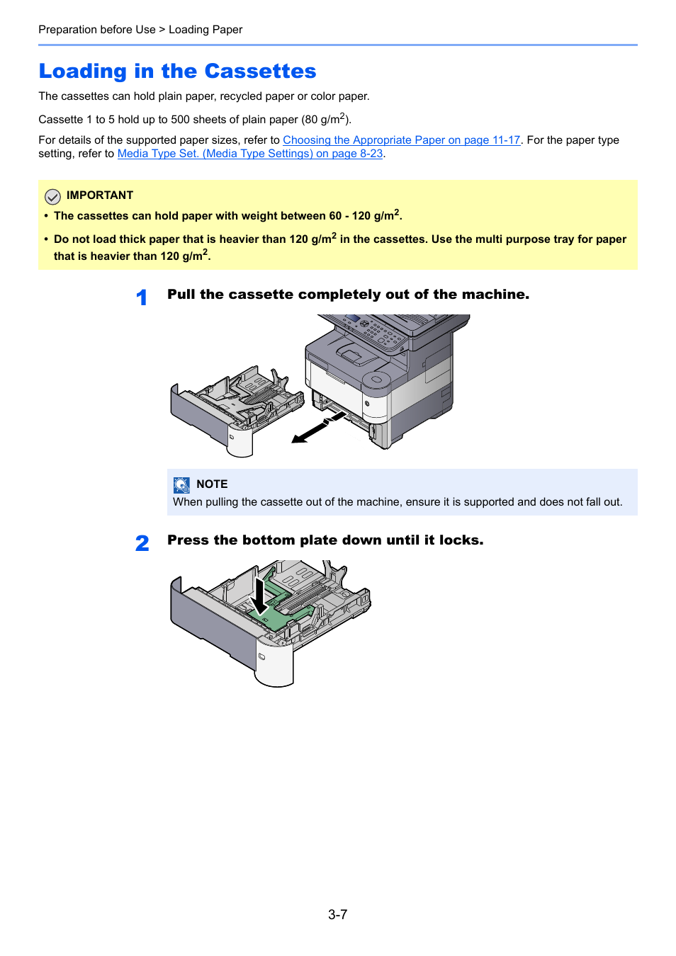 Loading in the cassettes, Loading in the cassettes -7 | TA Triumph-Adler P-4030 MFP User Manual | Page 105 / 397