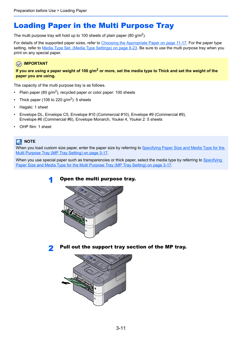 Loading paper in the multi purpose tray, Loading paper in the multi purpose tray -11 | TA Triumph-Adler P-4030 MFP User Manual | Page 109 / 397