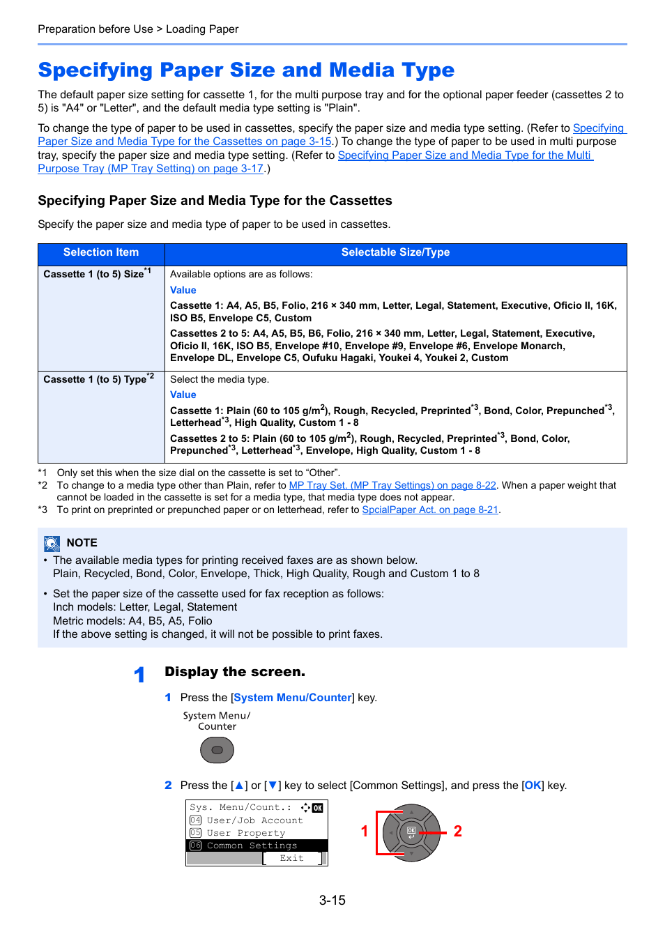 Specifying paper size and media type, Specifying paper size and media type -15, Display the screen | TA Triumph-Adler P-4030 MFP User Manual | Page 113 / 397