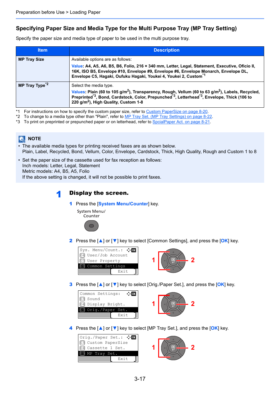Specifying paper size and media type for the, Specifying, Specifying paper size and media type for the multi | Display the screen | TA Triumph-Adler P-4030 MFP User Manual | Page 115 / 397