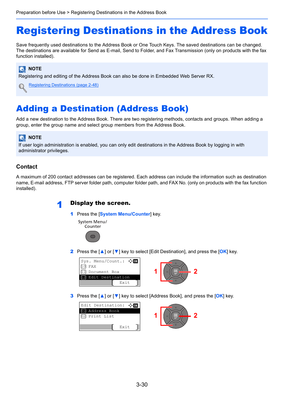 Registering destinations in the address book, Adding a destination (address book), Registering destinations in the address book -30 | Adding a destination (address book) -30 | TA Triumph-Adler P-4030 MFP User Manual | Page 128 / 397