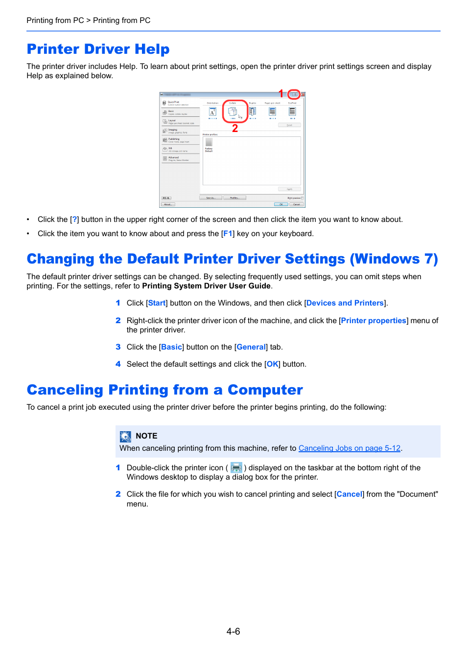 Printer driver help, Canceling printing from a computer | TA Triumph-Adler P-4030 MFP User Manual | Page 144 / 397