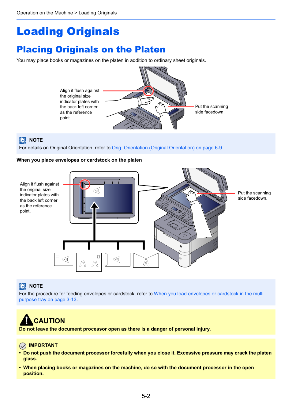 Loading originals, Placing originals on the platen, Loading originals -2 | Placing originals on the platen -2, Caution | TA Triumph-Adler P-4030 MFP User Manual | Page 160 / 397