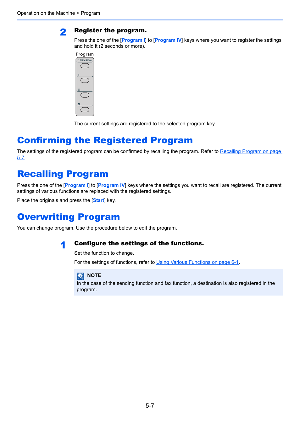 Confirming the registered program, Recalling program, Overwriting program | Recalling program -7 overwriting program -7 | TA Triumph-Adler P-4030 MFP User Manual | Page 165 / 397