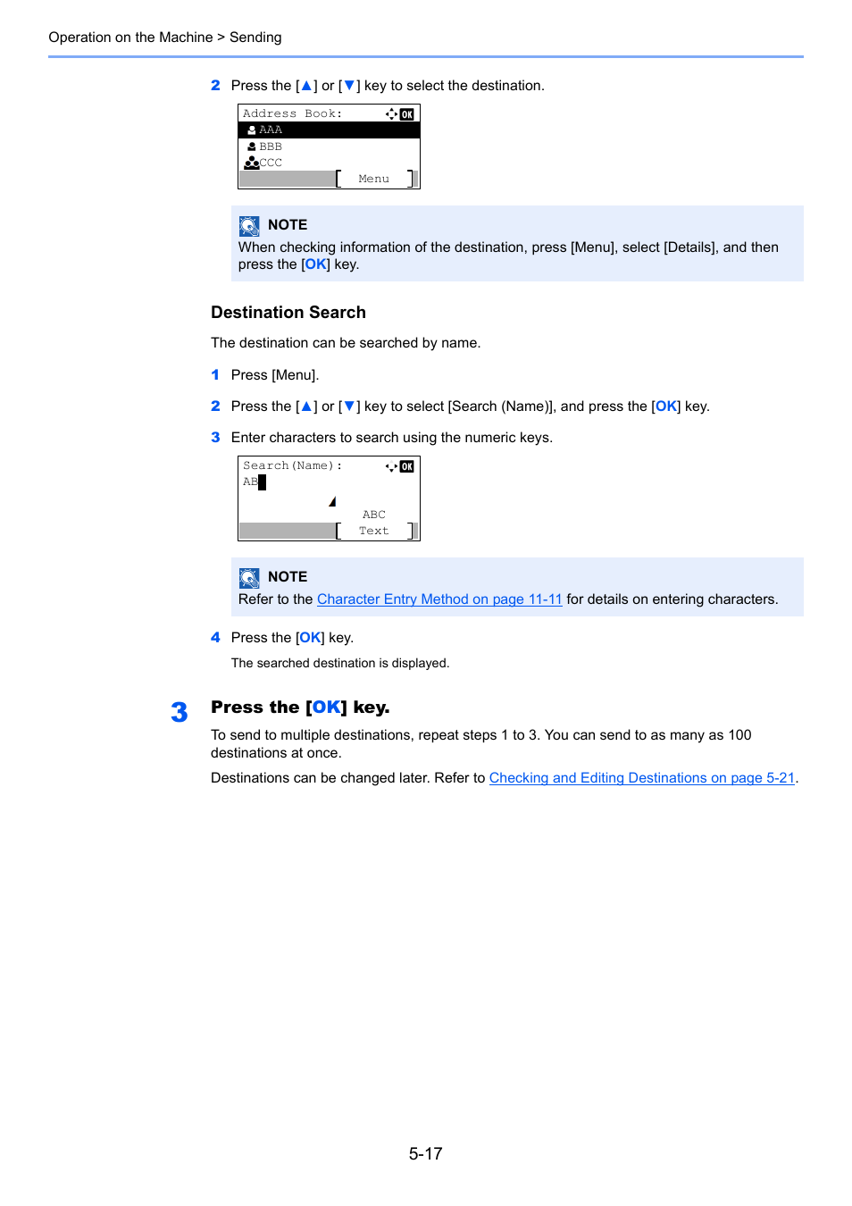 Destination search, Press the [ ok ] key | TA Triumph-Adler P-4030 MFP User Manual | Page 175 / 397