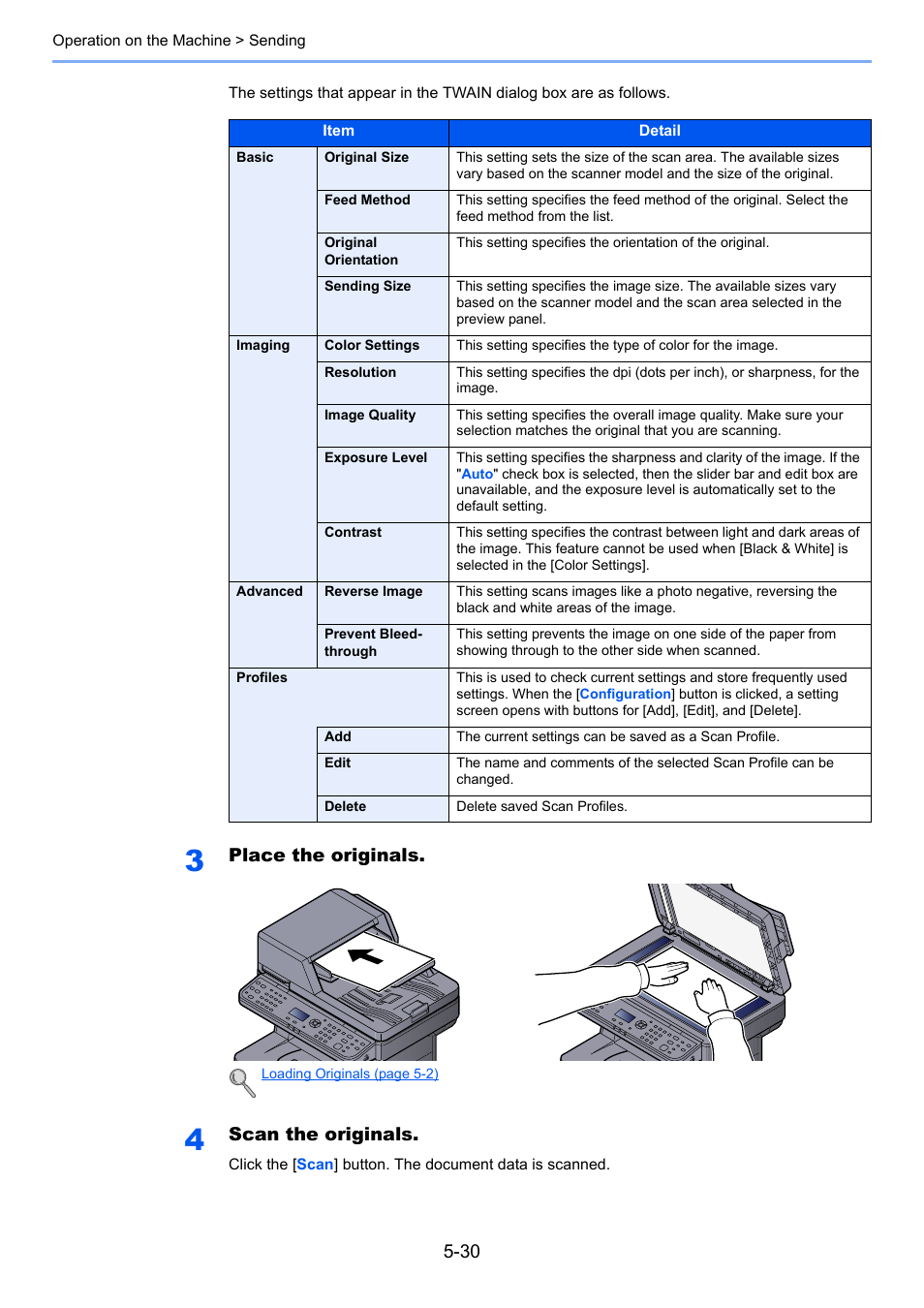 Place the originals, Scan the originals | TA Triumph-Adler P-4030 MFP User Manual | Page 188 / 397
