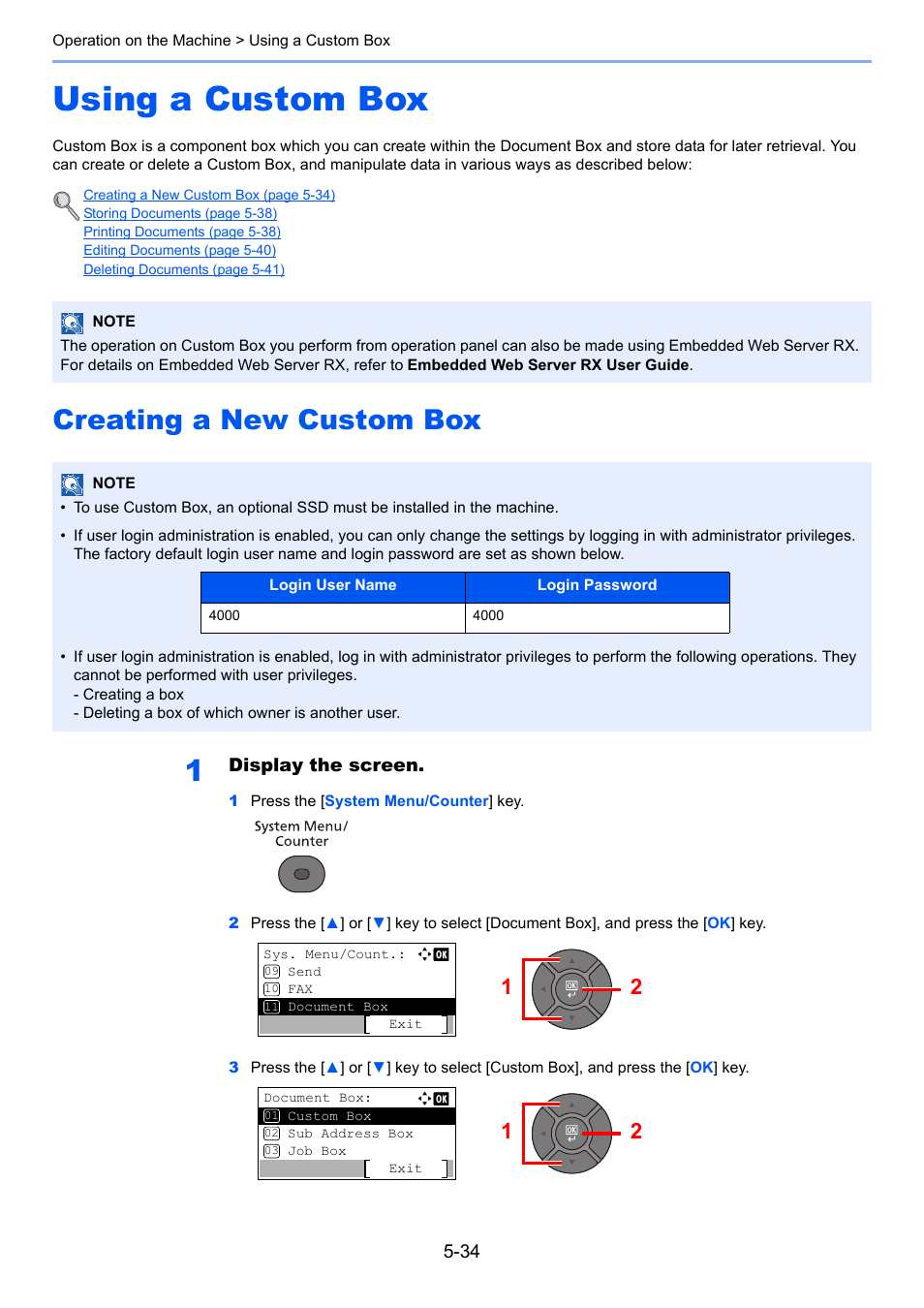 Using a custom box, Creating a new custom box, Using a custom box -34 | Creating a new custom box -34, Custom box | TA Triumph-Adler P-4030 MFP User Manual | Page 192 / 397