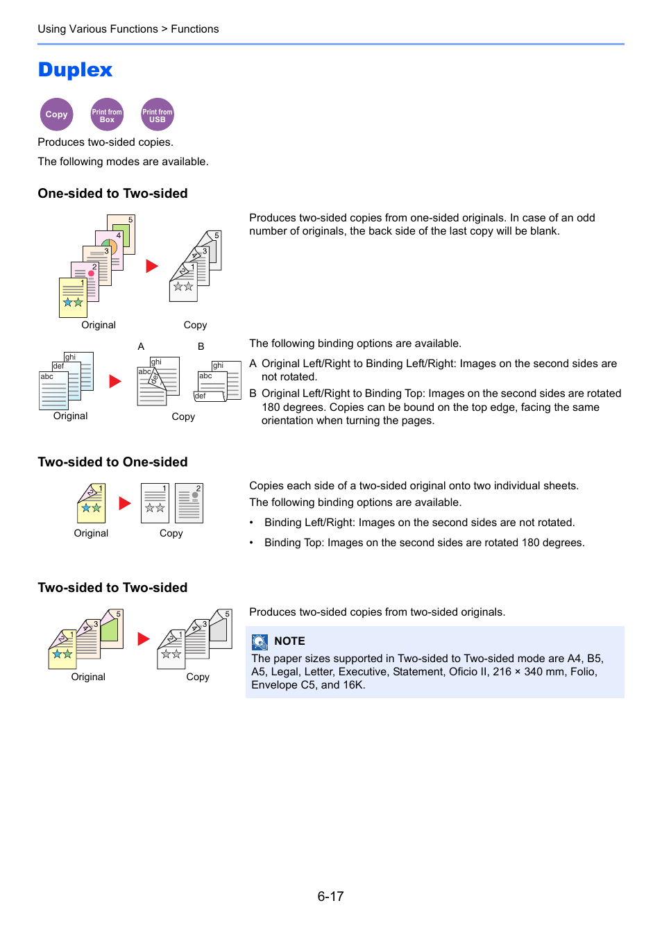 Duplex, Duplex -17, One-sided to two-sided | Two-sided to one-sided, Two-sided to two-sided | TA Triumph-Adler P-4030 MFP User Manual | Page 223 / 397