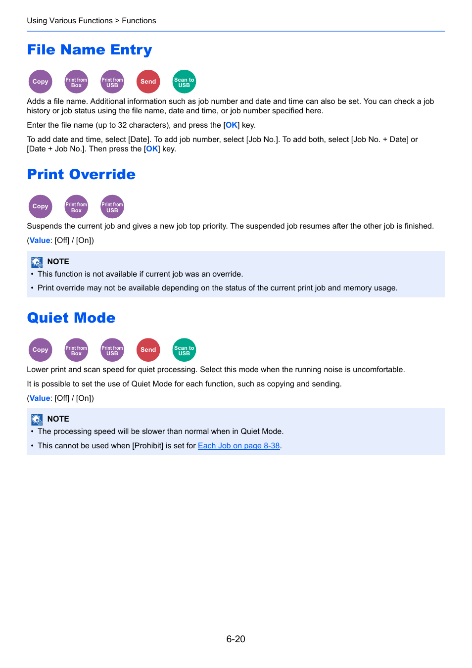 File name entry, Print override, Quiet mode | TA Triumph-Adler P-4030 MFP User Manual | Page 226 / 397