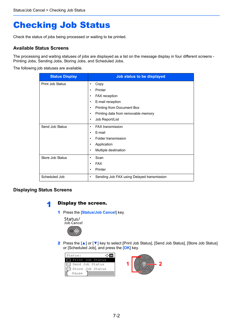Checking job status, Checking job status -2, Available status screens | Displaying status screens, Display the screen | TA Triumph-Adler P-4030 MFP User Manual | Page 235 / 397