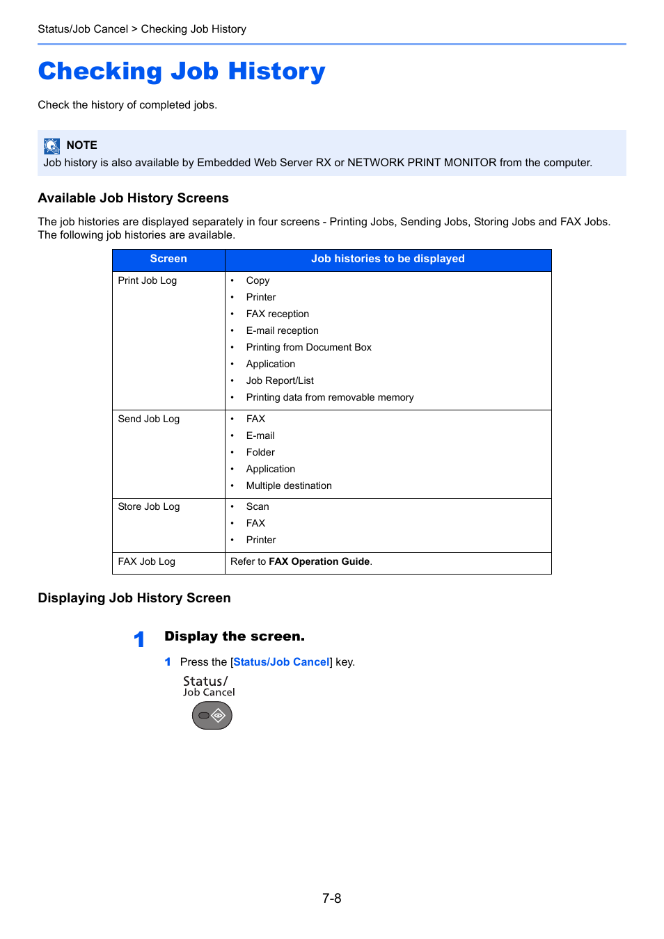 Checking job history, Checking job history -8, Available job history screens | Displaying job history screen, Display the screen | TA Triumph-Adler P-4030 MFP User Manual | Page 241 / 397