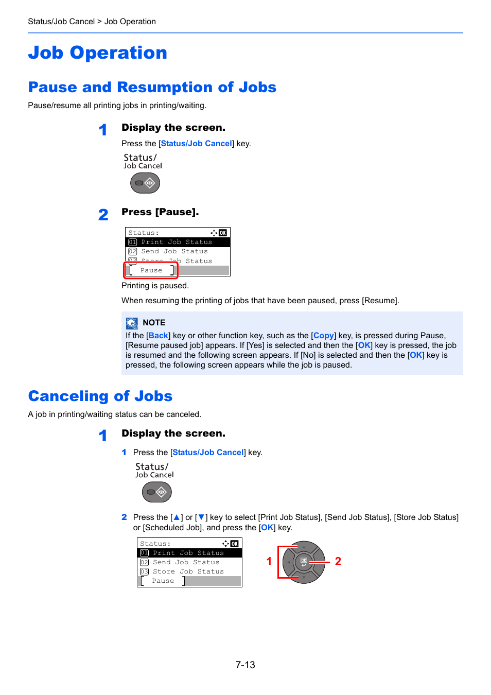 Job operation, Pause and resumption of jobs, Canceling of jobs | Job operation -13 | TA Triumph-Adler P-4030 MFP User Manual | Page 246 / 397