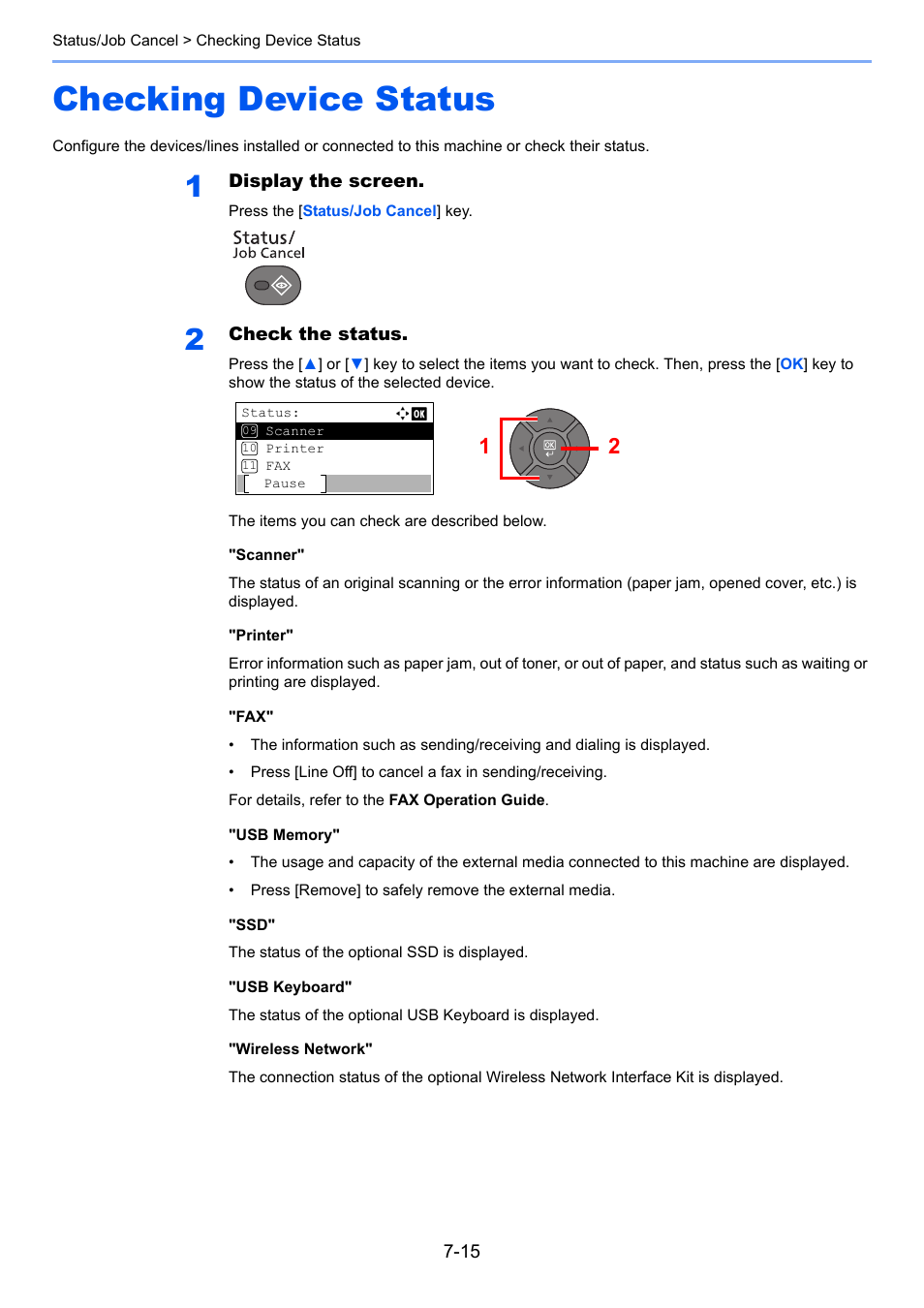 Checking device status, Checking device status -15, Printer | TA Triumph-Adler P-4030 MFP User Manual | Page 248 / 397