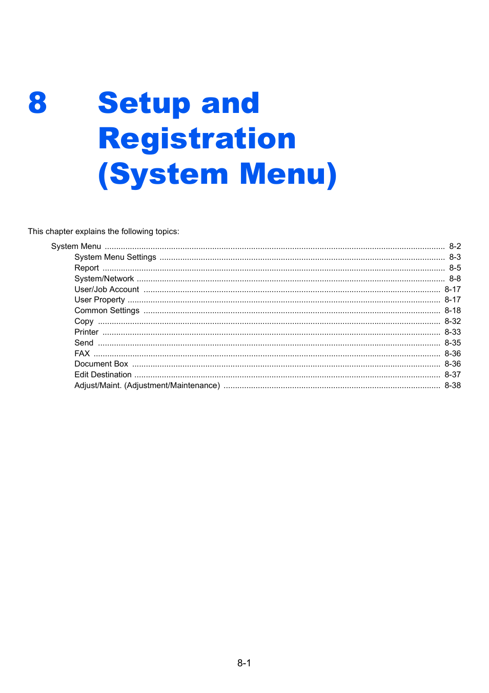 8 setup and registration (system menu), Setup and registration (system menu) -1, Setup and registration (system menu) | 8setup and registration (system menu) | TA Triumph-Adler P-4030 MFP User Manual | Page 250 / 397