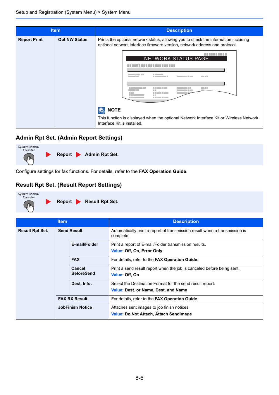 T set, Admin rpt set. (admin report settings), Result rpt set. (result report settings) | TA Triumph-Adler P-4030 MFP User Manual | Page 255 / 397