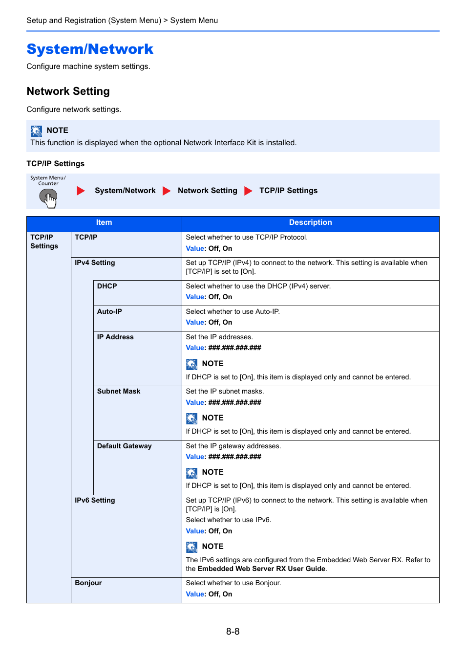System/network, System/network -8, Network setting | TA Triumph-Adler P-4030 MFP User Manual | Page 257 / 397